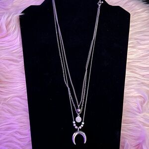 Layered Silver Horn & Disc Pendant Necklace - Women Jewelry
